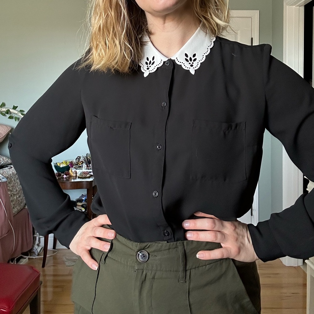 Black Button-Up Blouse with White Eyelet Collar